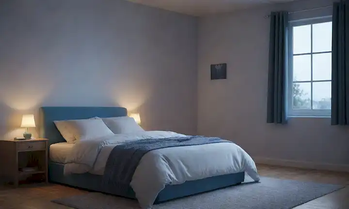 3D renderizado de un acogedor dormitorio con iluminación ambiente, sombras suaves, ventana de luna azul, cama cómoda, ambiente tranquilo, brillo sutil desde el teléfono en la distancia, curvas suaves, colores calmantes, y ambiente cálido