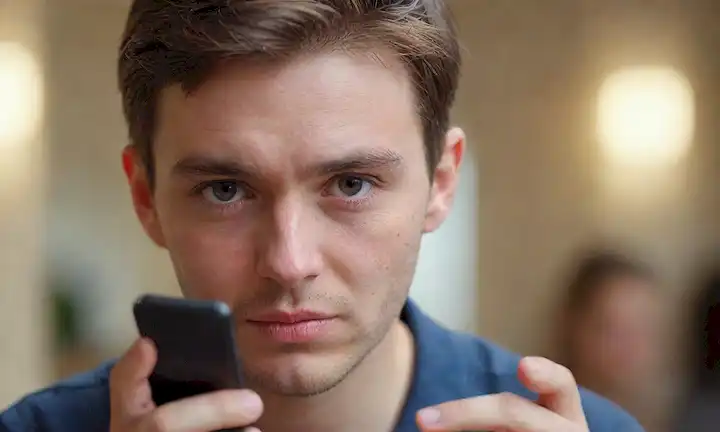 Una persona mirando directamente a un smartphone con un fondo borroso