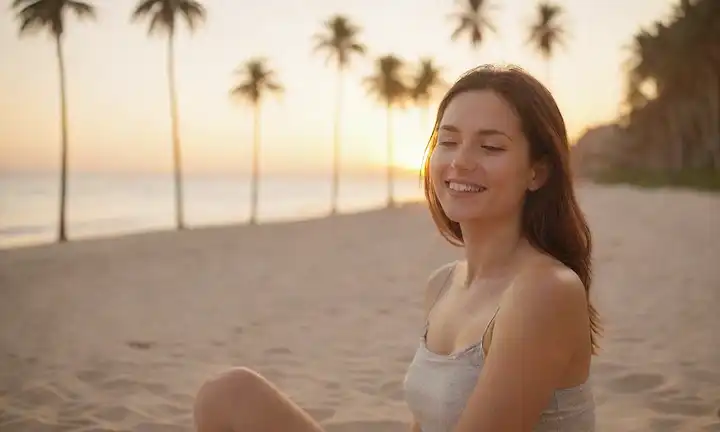 Una tranquila escena de playa, paisaje sereno con palmeras, suaves olas, un atardecer tranquilo, una persona sentada cómodamente en la arena, cara sonriente, manos relajadas, ojos cerrados, expresión serena