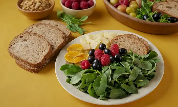 Una placa de estilo mediterráneo con una pieza central de aceitunas rodeada de rodajas de fruta colorida, pan integral de grano, y un tazón de verdes frondosos, engastado sobre un fondo dorado cálido con textura sutil, transportando abundancia y solidez