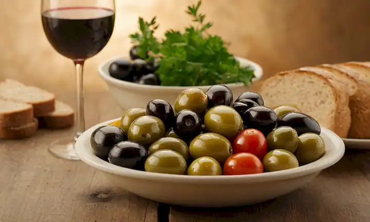 Olivos en un tazón sobre una mesa de madera rústica, rodeada de verduras frescas, frutas y pan, con una copa de vino o aceite de oliva cerca, cálida iluminación dorada, simple fondo, composición minimalista