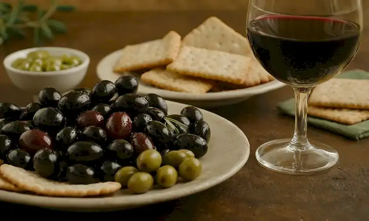 Un tazón lleno de una variedad de aceitunas, algunos verdes y otros negros; un pequeño plato de galletas o pan al lado; una copa de vino cerca, posiblemente con unas gotas de aceite de oliva; una suave luz cálida iluminando la escena