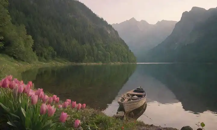 Una puesta de sol caliente con una suave cordillera en el fondo, un lago sereno con un barco de remo solitario, un ramo de flores coloridas, y una persona sonriente sentado en una roca rodeada de vegetación exuberante, todo irradiando un sentido de paz, tranquilidad y contentamiento