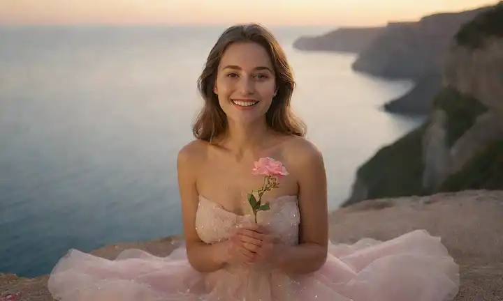 Una mujer con una suave sonrisa, sosteniendo una flor, rodeada de pétalos suaves, flotando en una cálida luz, sentada en un tranquilo acantilado, con una vista serena del océano, y brillos sutiles alrededor de ella