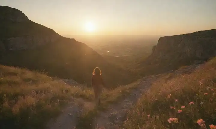 Un paisaje sereno con una persona de pie en el borde de un acantilado, viento soplando a través de su cabello, sol sentado detrás de ellos, flores que florecen alrededor, un camino que se desarrolla hacia la libertad y espacios abiertos