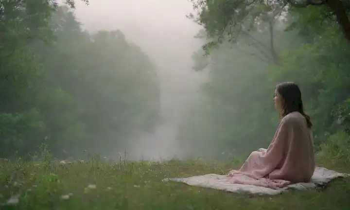 un entorno natural sereno con colores tranquilos, iluminación suave, una persona sentada cómodamente en una roca o una manta, rodeado de vegetación exuberante, flores que florecen, y un ambiente sutil de misty, que transmite paz, tranquilidad y armonía
