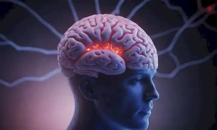 ilustración cerebral 3D con moléculas de lactato que la rodean, símbolos de alerta roja en las neuronas, y un esbozo débil de una persona en el fondo, todo en contra de un esquema de color azul oscuro o púrpura, con algunos efectos de gradiente sutil para transmitir un sentido de urgencia