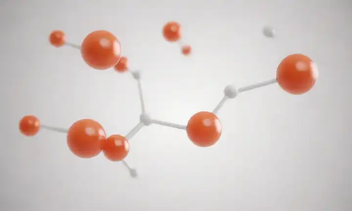 Una estructura de molécula de iones lactatos, un fondo blanco, un esquema de color rojo naranja, un efecto ligeramente brillante, un diseño simple con espacio negativo
