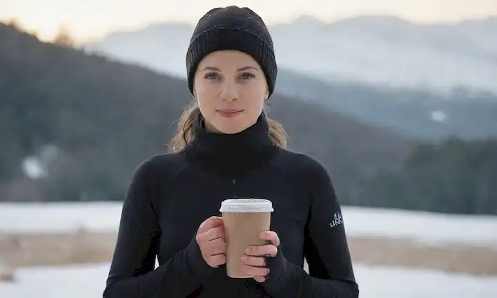 Una persona que lleva ropa activa, al aire libre en invierno, con nieve o hielo en el fondo, sosteniendo un producto alimenticio termogénico como chocolate caliente o café, con un brillo sutil alrededor de ellos que sugiere un aumento de la temperatura corporal, y un ligero desenfoque para transportar movimiento