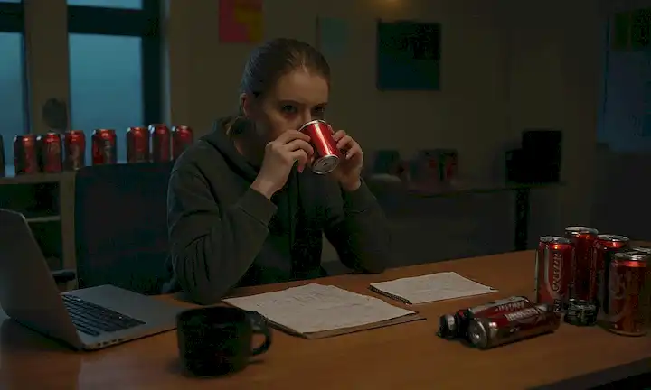Una persona sentada en un escritorio con ordenadores portátiles y papeles, tomando café, rodeada de latas de bebida de energía vacía y aperitivos, con un resplandor rojo-ojo, expresando agotamiento y estrés