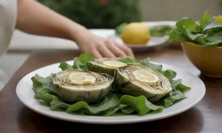 Un plato con rodajas de alcachofa, un vaso de agua y limón, un tazón de verduras mezcladas ensalada en el fondo, un par de manos de aspecto saludable que sostienen una alcachofa