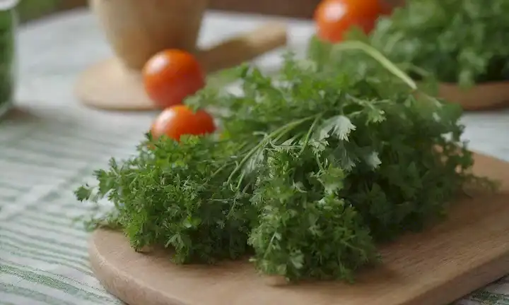 Una flor delicada y verde con una apariencia borrosa, posiblemente rodeada de hierbas frescas como perejil o romero, con un entorno natural como un banco de jardín, mantel o tabla de corte de madera, mostrando la forma y textura de las verduras
