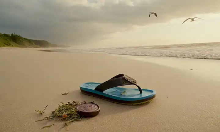 Una ola oceánica tranquila chocando en una playa de arena, con unas cuantas gaviotas volando sobre la cabeza; una gorra de botella parcialmente sumergida en la arena; un par de chanclas desgastadas junto a ella; unos cuantos hilos de algas que se arrastran hacia la orilla; una suave luz solar mirando por las nubes;