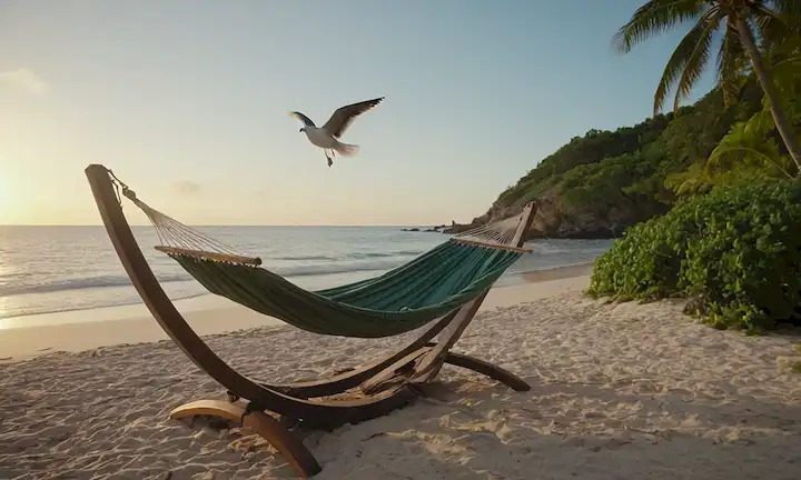 Una escena calmante con un suave amanecer, olas chocando en una orilla, algunas gaviotas volando sobre la cabeza, una hamaca junto a la playa balanceándose en la brisa, una botella de aceite de omega-3 que está abierta, con unas pocas cápsulas dispersas alrededor, y una exuberante vegetación que rodea la zona