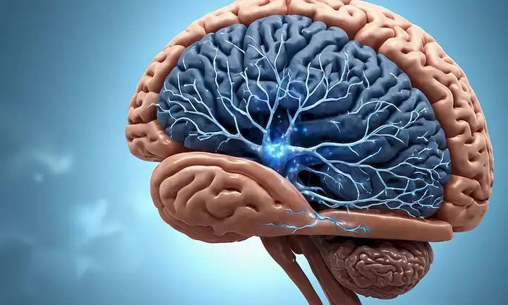 3D rendering of a human brain with brighting blue neurons, a healthy brain wave pattern in the background, and an omega-3 fatty acid molécula flotaing above it