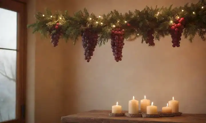 Uvas colgadas de una vid de madera rústica, rodeadas de velas, ramas perennes, y un toque de cinta roja festiva, con una cálida luz dorada y sombras sutiles en el fruto, evocando un sentido de coziness y celebración, contra un suave fondo de tonos de tierra muda y luces de hadas gemelas