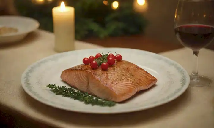 Relleno de salmón dorado, mantel festivo, velas gemelas, guirnalda de ramas perennes y hojas de hollín, cristales brillantes, platos delicados de china, mangueras de perejil verde fresco, luz dorada cálida, acogedor ambiente