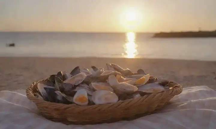 Una cálida puesta de sol dorada en una playa, gaviotas volando sobre la cabeza, una canasta de mariscos se extendió sobre una manta jaqueada, capturas frescas como mejillones, ostras y pescado arreglado artísticamente, algunos con cáscaras abiertas revelando carne tierna