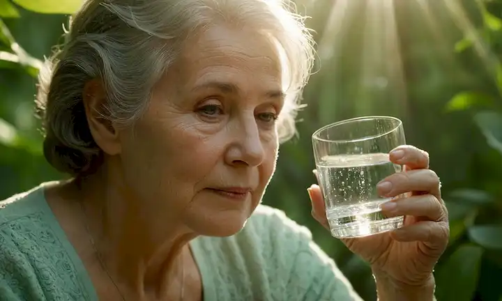 Una anciana gentil con pelo brillante, rodeada de vegetación exuberante, sosteniendo un vaso de agua, con un cálido rayo de sol filtrando a través de hojas, y gotas sutiles de rocío en su piel, transportando serenidad e hidratación