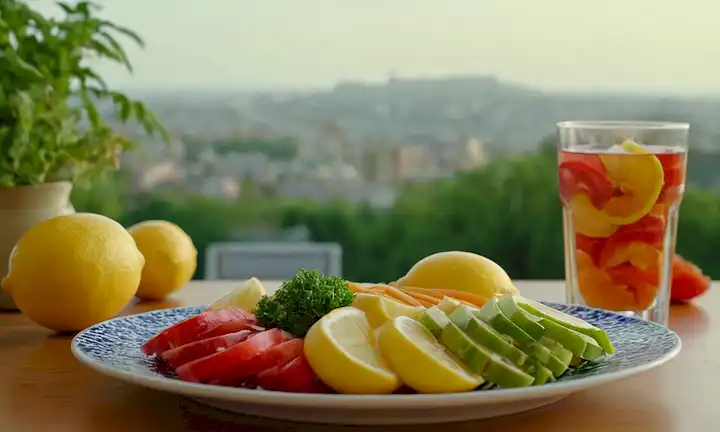 Una foto de tono cálido de un plato con frutas y verduras rebanadas dispuestas en un patrón colorido, junto con un vaso de agua con rodajas de limón en el costado, situado en un fondo natural con un paisaje urbano borroso o una vegetación