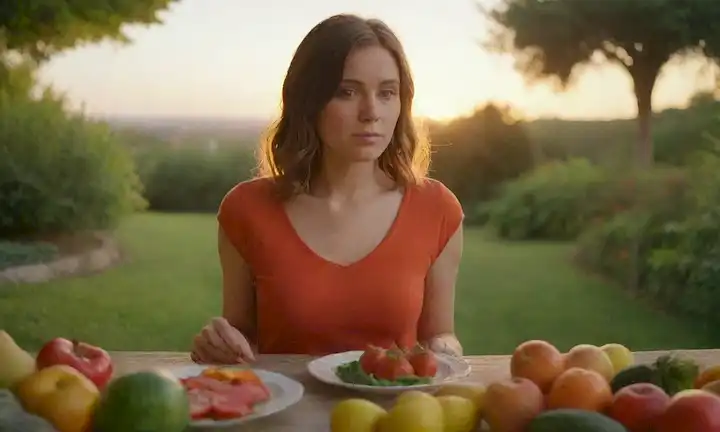 Una imagen de tono cálido, con una persona en un ambiente tranquilo, rodeada de elementos inspirados por la naturaleza, con un plato de frutas y verduras coloridas, con un fondo calmante como una puesta de sol o un jardín