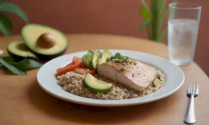 Un ambiente sereno y tranquilo con un plato de alimentos sanos sobre una mesa, un vaso de agua en el fondo, unas pocas plantas calmantes, y una pared de colores cálidos con una textura sutil, con una mezcla de proteínas magras como pescado o pechuga de pollo, carbohidratos complejos como arroz marrón o quinoa, grasas saludables como rebanadas de aguacate