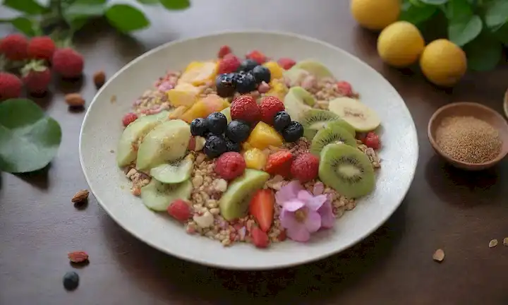 Un plato con una mezcla colorida de frutas, frutos secos y semillas, rodeado de vegetación exuberante, rematado con un espolvor de semillas de sésamo y flores comestibles Un tono cálido y acogedor, con luz natural brillando desde el lado