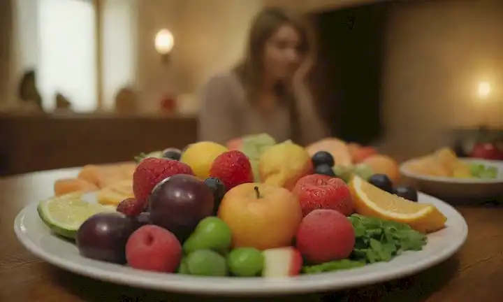 Un plato con una variedad de frutas y verduras coloridas, rodeado de un ambiente cálido y acogedor, con una figura humana tranquila y relajada en el fondo, con iluminación suave, texturas naturales y tonos terrenales