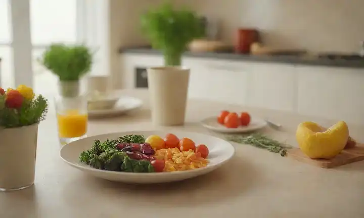 Una cálida y acogedora escena de cocina con una persona sentada en una mesa, un plato de comida colorida delante de ellos, un vaso de agua en el lado, algunas hierbas frescas o flores como decoración, un color de fondo tranquilo y sereno como beige o crema