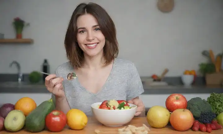 Una persona con pelo poco saludable, sonriendo, sosteniendo un tazón de comida equilibrada, rodeada de frutas y verduras, con algunas vitaminas y minerales diseminados alrededor