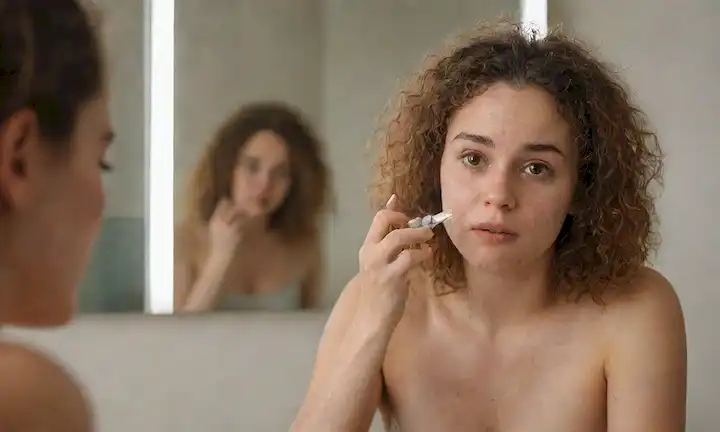 Una joven con pelo rizado sentado frente a un espejo, sosteniendo un vaso de agua y un peine, rodeada de hebras de pelo dispersas y parches de piel seca en sus manos y cara, transmitiendo un sentido de preocupación y autocuidado, con sutiles toques de utensilios de cocina y restos de comida en el fondo
