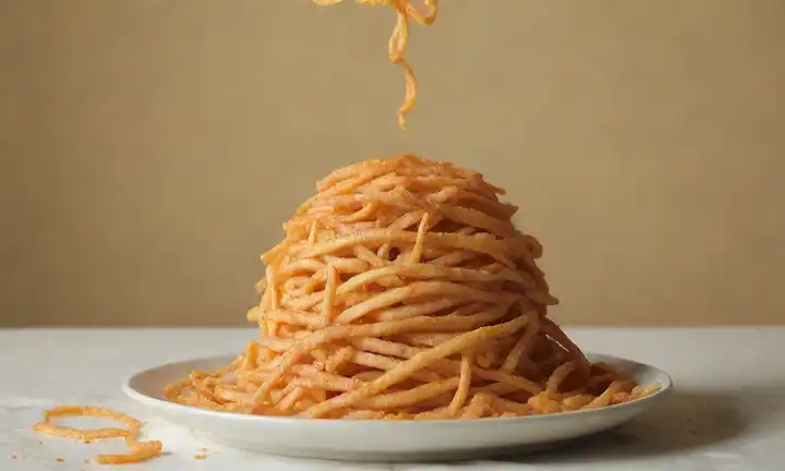 Una persona que cae el pelo, enredada y seca, con un plato de comida poco saludable cerca, como alimentos fritos o azúcar excesiva, con una figura sombría flotando por encima, rodeado de hilos wispy, destacando los efectos negativos de la mala nutrición, con un sutil gradiente de hues amarillo naranja
