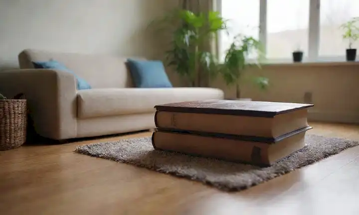 Una cálida y acogedora sala de estar con un suelo de madera recién cubierto, una alfombra de felpa, y unos pocos libros y plantas dispersas, rodeado de una luz suave y natural, sin desorden ni desorden, transmitiendo una sensación de serenidad y relajación, con una sombra débil que indica la presencia de una persona, tal vez sentado en un sofá o leyendo un libro