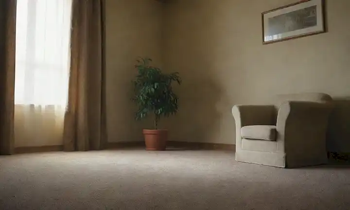 Una habitación con alfombra desgastada, esquinas polvorientas y un toque de leve en las paredes; una pequeña planta deslumbrada; aire seco circulando alrededor de los muebles, creando una ilusión de estancamiento; cortinas descoloridas dejando en la luz natural mínima
