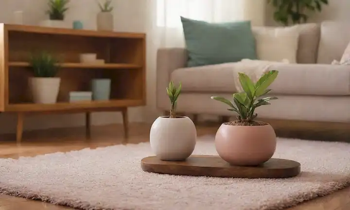 Una acogedora sala de estar con una pequeña planta en macetas, un humidificador en una mesa lateral, y una gran alfombra de área, con un suelo de madera de tono cálido en el fondo, rodeado de cojines suaves y almohadas en colores pastel, con algunos artículos decorativos como vasijas o esculturas, que transmiten un sentido de serenidad y frescura