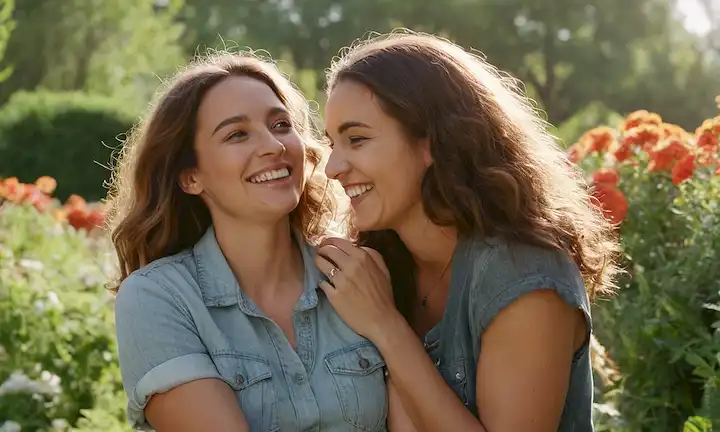 2 amigos se ríen, abrazan y sostienen las manos, en un ambiente luminoso al aire libre con vegetación, flores o árboles; la cálida luz del sol arrojando sombras suaves; suave enfoque en sus rostros; suaves sonrisas