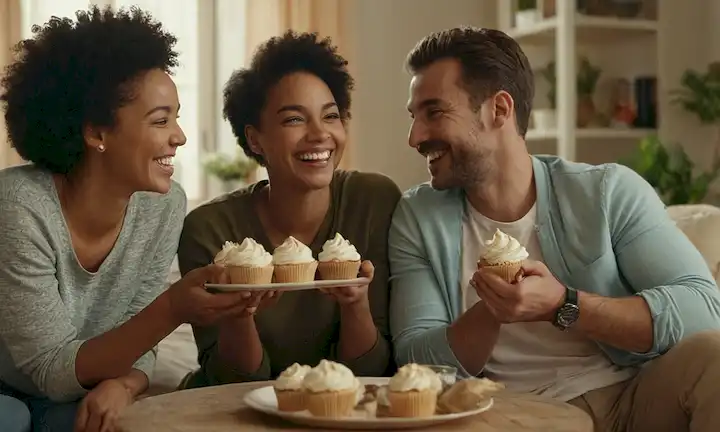 3-5 personas riendo, brazos alrededor del otro, en un ambiente acogedor; iluminación natural suave, colores cálidos; tal vez una magdalena o flores en la mesa; lenguaje corporal relajado, sonrisas genuinas; amigos comprometidos en la conversación o compartiendo un momento divertido juntos