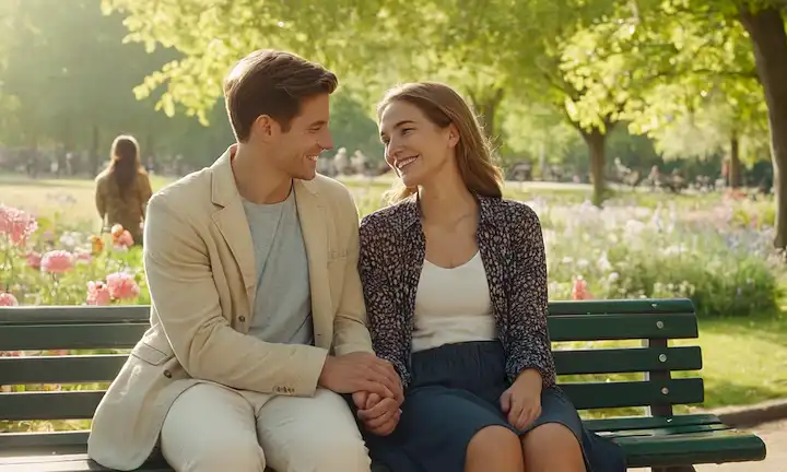 2 personas abrazando cálidamente, agarrando las manos, sonriendo el uno al otro, sentado en un banco del parque, rodeado de flores florecientes, suave luz del sol, suave niebla