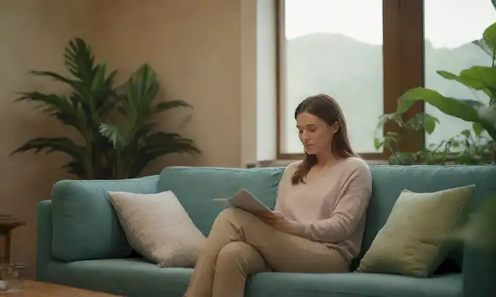 Un ambiente cálido y acogedor con una persona sentada en un sofá, rodeada de cojines y plantas suaves, un terapeuta en el fondo, iluminación suave, colores reconfortantes como azul y verde, texturas sutiles, y un sentido de calma, representando apoyo y guía, sin distracciones ni caos