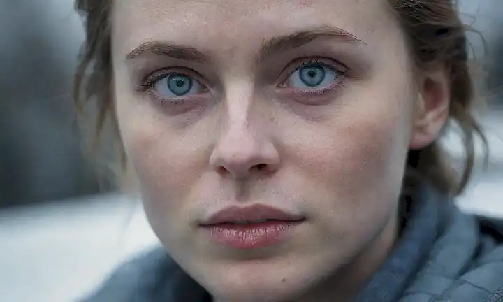Una persona con piel pálida, ojos azules helados, expresión lejana, mandíbula afilada y tono frío; un indicio de desdén en su mirada, un sutil esmirante en los labios, niebla helada que los rodea, fondo oscuro con sombras tenues, un sentimiento general de escarcha