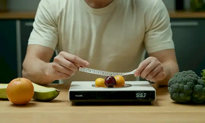 Una persona sentada en una escala, usando una camisa con botones deshacerse, postura relajada, sosteniendo un analizador de impedancia bioeléctrica en una mano y un snack saludable como frutas o verduras en la otra mano