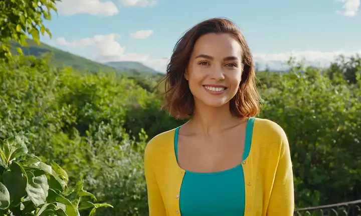 Una mujer feliz con un resplandor saludable en su cara y hombros, con un traje brillante y colorido, posando cerca de una exuberante vegetación o en un entorno soleado al aire libre, con una sonrisa sutil que sugiere contentamiento y confianza, rodeado de símbolos de bienestar como frutas o verduras, con un movimiento suave que transmite elegancia natural