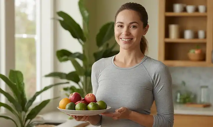 Mujer de 30 años de edad con una sonrisa cálida y natural, usando pantalones de yoga y una parte superior, de pie en un salón soleado o cocina con plantas alrededor de ella, sosteniendo un pequeño plato de frutas frescas o verduras cortadas, con una transformación sutil de pérdida de peso visible en su cara y brazos