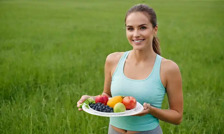 Una mujer sonriente de pie en un prado verde, rodeada de frutas frescas y verduras, con ropa deportiva cómoda, con un plato en su mano que contiene una comida saludable