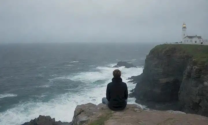 Una persona sentada en un acantilado con vistas a un vasto océano turbulento, con olas chocando contra las rocas, transmitiendo turbulencia e incertidumbre emocional; en el fondo, un esbozo débil de un faro o un faro de esperanza; la expresión figura es introspectiva, con las manos apretadas o cubriendo la cara, sugiriendo vulnerabilidad