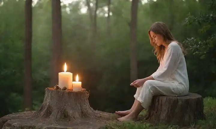 Un ambiente tranquilo y sereno con colores suaves, una figura tranquila y centrada sentada en un tronco de roca o árbol, rodeado de vegetación exuberante, sosteniendo una vela o una pequeña llama, simbolizando la luz interior, con patrones sutiles y giratorios en el aire alrededor de ellos, transmitiendo un sentido de equilibrio y armonía