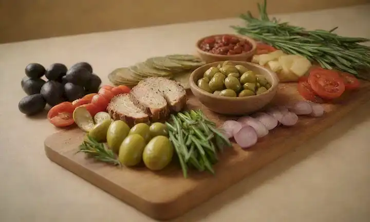 Una tabla de madera rústica, llena de tapones vibrantes, rodeada de exuberantes aceitunas verdes y alcachofas, contra un cálido fondo beige, con iluminación dorada, adornada con romeros frescos y crudités