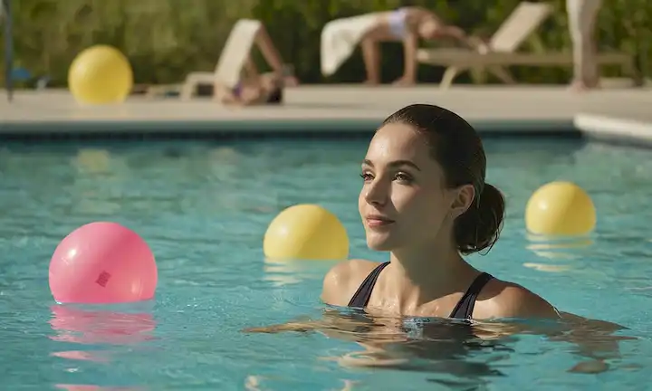 Una persona que hace aeróbic acuáticos en una piscina poco profunda, rodeada de equipos de resistencia al agua, con un fondo serena, con suaves ondas en la superficie del agua, incorporando diferentes colores para el atractivo visual, mostrando un grupo diverso de individuos participantes, destacando la flexibilidad y el movimiento, enfatizando la diversión y el ejercicio