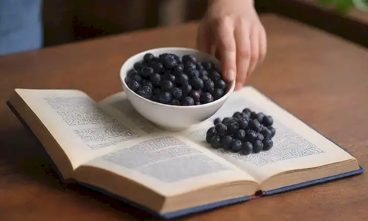Un tazón lleno de alegres bayas de aronia azul, rodeado de algunas páginas dispersas de un libro abierto, en un escritorio de madera con un esbozo débil de una mano de personas descansando en él, frente a un fondo borroso con sutil iluminación cálida, evocando un sentido de enfoque y claridad mental