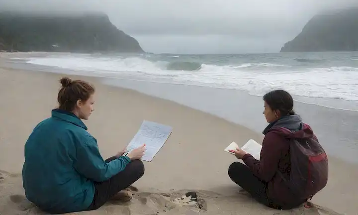 Una persona sentada en una playa con un libro en la mano, una ola que se estrella en el fondo; un calendario ocupado con tareas marcadas y una X roja a través de otros; un par de manos suavemente sosteniendo una pequeña planta, con otro trabajando en un rompecabezas; un excursionista solitario en un sendero de montaña, con una ligera niebla que mueve la vista